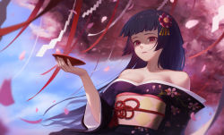 Rule 34 | 1girl, absurdres, bare shoulders, black hair, black kimono, blunt bangs, blurry, blurry background, breasts, character request, cherry blossoms, cleavage, confetti, cup, day, floral print, flower, hair flower, hair ornament, highres, japanese clothes, kimono, long hair, obi, outdoors, red eyes, sakazuki, sash, shenxiu, shide, small breasts, streamers, tree, upper body