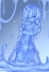 Rule 34 | 1girl, blue eyes, blue hair, blue skin, blush, breasts, cleavage, colored skin, curss, dress, heart, highres, looking at viewer, medium hair, monster girl, open clothes, slime girl, small breasts, smile, solo
