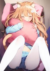 Rule 34 | 1girl, absurdres, animal ear fluff, animal ears, blonde hair, blush, cat ears, cat girl, cat tail, closed eyes, couch, cushion, grin, hair ornament, hairclip, highres, indoors, long hair, long sleeves, lying, navel, nyum, hugging object, on back, original, pantyhose, pillow, pillow hug, short shorts, shorts, smile, solo, tail, teeth, very long hair, white pantyhose