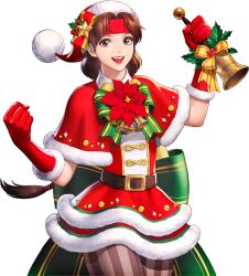 1girl bell braid braided_ponytail brown_eyes brown_hair christmas dress female_focus gloves hat headband long_hair open_mouth pale_skin pants ponytail skirt smile smiley_face standing star_(symbol) the_king_of_fighters thick_thighs thighs wide_hips yuri_sakazaki