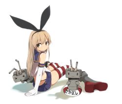 Rule 34 | &gt; &lt;, 10s, 1girl, :3, blonde hair, brown eyes, closed eyes, elbow gloves, gloves, hairband, highres, kantai collection, lifebuoy, long hair, looking back, rensouhou-chan, shimakaze (kancolle), simple background, sitting, skirt, striped clothes, striped thighhighs, swim ring, tadashi (tadashi1013), thighhighs, white background
