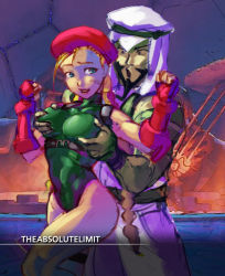 Rule 34 | 1boy, 1girl, :o, artist name, backpack, bag, blonde hair, blue eyes, braid, grabbing another&#039;s breast, breasts, cammy white, clenched hands, facial hair, fingerless gloves, gloves, goatee, grabbing, grabbing from behind, hetero, highleg, highleg leotard, leotard, rashid (street fighter), smile, street fighter, street fighter v, theabsolutelimit, twin braids