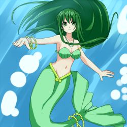 Rule 34 | 00s, 1girl, armlet, beads, bracelet, bubble, earrings, floating hair, foreshortening, green eyes, green hair, groin, jewelry, long hair, looking at viewer, lots of jewelry, matching hair/eyes, mermaid, mermaid melody pichi pichi pitch, miru, monster girl, necklace, outstretched arms, pendant, seashell, serious, shell, shell bikini, solo, spread arms, touin rina, underwater