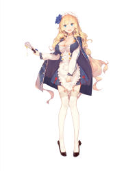 Rule 34 | 1girl, apron, black footwear, blonde hair, blue eyes, blue flower, blue rose, blush, bow, breasts, cleavage, curly hair, flower, full body, garter straps, gujianshaonu, hair flower, hair ornament, high heels, highres, jewelry, large breasts, looking at viewer, maid apron, maid headdress, necklace, open mouth, original, rose, simple background, smile, solo, teeth, thighhighs, upper teeth only, whisk, white background, white bow, white thighhighs