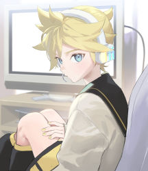 Rule 34 | 1boy, aqua eyes, black sailor collar, blonde hair, brown shirt, chair, commentary, from side, hand on own thigh, headphones, headset, highres, indoors, kagamine len, knees up, leg warmers, looking at viewer, looking to the side, male focus, monitor, nail polish, naoko (naonocoto), sailor collar, shirt, shorts, sitting, solo, spiked hair, television, upper body, vocaloid, yellow nails
