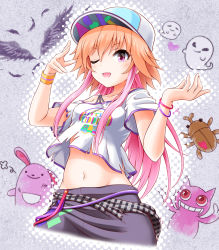 Rule 34 | 1girl, ;d, bracelet, breasts, brown hair, collar, cropped legs, eva 16-gouki, grey background, grey pants, groin, hair between eyes, hat, highres, idolmaster, idolmaster cinderella girls, jewelry, little riddle, looking at viewer, midriff, multicolored hair, navel, ninomiya asuka, off shoulder, one eye closed, open mouth, pants, peaked cap, pink eyes, pink hair, shirt, short sleeves, small breasts, smile, solo, stomach, torn clothes, torn shirt, two-tone hair, white shirt, wristband