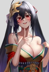 Rule 34 | 1girl, ahoge, azur lane, black hair, blush, breasts, cleavage, clothes tug, collarbone, crossed bangs, hair ornament, hand up, highres, japanese clothes, kimono, large breasts, long hair, looking at viewer, obi, off shoulder, parted lips, red eyes, red kimono, sash, solo, taihou (azur lane), twintails, upper body, v, yorugami rei
