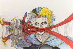 Rule 34 | 1boy, bandana, cape, commentary, final fantasy, final fantasy ii, firion, grey background, grey hair, highres, holding, holding sword, holding weapon, jewelry, male focus, motion lines, optical illusion, parody, ring, seehund d, sword, traditional media, upper body, weapon, yellow eyes