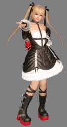 Rule 34 | 1girl, 3d, absurdres, blonde hair, blue eyes, boots, bow, breasts, dead or alive, dead or alive 6, dress, fingernails, full body, gloves, gothic lolita, grey background, hair bow, hand on own hip, highres, lolita fashion, long hair, looking at viewer, marie rose, official art, platform boots, platform footwear, simple background, small breasts, smile, solo, twintails