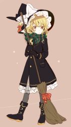 Rule 34 | 1girl, black coat, black dress, black footwear, black gloves, black hat, black pantyhose, blonde hair, boots, bow, broom, brown background, buttons, coat, dress, frilled hat, frills, full body, gloves, green scarf, grey pantyhose, hat, hat bow, holding, holding broom, kirisame marisa, long sleeves, mozukuzu (manukedori), pantyhose, petticoat, plaid, plaid scarf, pocket, red bow, scarf, solo, star (symbol), touhou, white bow, witch hat, yellow eyes