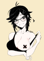 Rule 34 | 1girl, antenna hair, areola slip, arm under breasts, artist name, black-framed eyewear, black eyes, black hair, black shirt, blouse, blush, borrowed character, breast slip, breasts, bright pupils, character request, cleavage, collarbone, commentary, copyright request, crack, cracked glass, cropped torso, cross hair ornament, english commentary, glasses, grin, hair ornament, hand up, head tilt, heart, highres, large breasts, looking at viewer, medium hair, one breast out, orouu, shirt, sidelocks, signature, simple background, sleeveless, sleeveless shirt, smile, solo, strap pull, swept bangs, symbol-shaped pupils, teeth, uni (unexistarts), upper body, white pupils, x-shaped pupils, yellow background