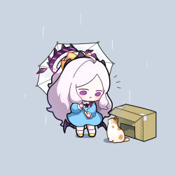 Rule 34 | 1girl, ahoge, black wings, blue archive, blue dress, box, cardboard box, chibi, dress, grey background, grey hair, halo, highres, hina (blue archive), holding, holding umbrella, long hair, long sleeves, looking at animal, looking down, low wings, neck ribbon, no nose, parted lips, puffy long sleeves, puffy sleeves, purple eyes, purple halo, rain, red ribbon, ribbon, simple background, socks, standing, umbrella, uz (uzru0428), very long hair, white socks, wings, yellow footwear