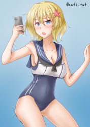 Rule 34 | 1girl, alternate costume, anti (untea9), blonde hair, blue background, blue eyes, braid, breasts, cellphone, cleavage, collarbone, colorado (kancolle), cosplay, covered navel, cowboy shot, crop top, flower, gradient background, hair between eyes, hair flower, hair ornament, highres, kantai collection, large breasts, lips, looking at viewer, nontraditional school swimsuit, old school swimsuit, one-piece swimsuit, phone, ro-500 (kancolle), ro-500 (kancolle) (cosplay), sailor collar, sailor shirt, school swimsuit, shirt, short hair, side braids, smartphone, solo, swimsuit, swimsuit under clothes, twitter username