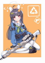 Rule 34 | 1girl, absurdres, ahoge, animal ears, arrow (symbol), black gloves, black hair, blue archive, blue serafuku, blue shirt, blue skirt, bolt action, bright pupils, fake animal ears, gloves, green neckerchief, gun, halo, highres, holding, holding gun, holding weapon, knee pads, leaf, long hair, long sleeves, looking at viewer, miyu (blue archive), mosin-nagant, neckerchief, pantyhose, parted lips, pouch, recycling symbol, red eyes, rifle, sailor collar, school uniform, serafuku, shirt, simple background, single knee pad, skirt, sniper rifle, solo, sweat, weapon, white pantyhose, white pupils, white sailor collar, yueyueyue yao