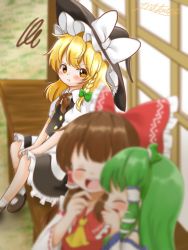 Rule 34 | 3girls, ^ ^, ascot, bad id, bad twitter id, blonde hair, blouse, blurry, blush, braid, brown eyes, brown hair, buttons, closed eyes, commentary, depth of field, double-breasted, frown, green hair, hakurei reimu, hakurei shrine, hand to own mouth, hat, jealous, kirisame marisa, kochiya sanae, laughing, long hair, mary janes, multiple girls, natsune ilasuto, pout, shirt, shoes, side braid, signature, single braid, sitting, skirt, skirt set, touhou, v-shaped eyebrows, vest, witch hat, yellow ascot