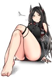 Rule 34 | 1girl, absurdres, arknights, ass, bare shoulders, barefoot, black dress, black hair, black panties, closed mouth, commentary request, crossed legs, dress, full body, highres, ines (arknights), knees up, long hair, mitarashi renge, panties, parted bangs, partial commentary, scribble, short dress, simple background, sitting, sketch, sleeveless, sleeveless dress, solo, squiggle, sweatdrop, thigh strap, underwear, white background, yellow eyes