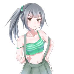 Rule 34 | 10s, 1girl, artist name, bad id, bad pixiv id, bare shoulders, breasts, brown eyes, closed mouth, collarbone, disco brando, eyebrows, frown, green hair, grey hair, hair ribbon, hand on own hip, highres, kantai collection, kasumi (kancolle), long hair, looking at viewer, midriff, navel, pleated skirt, ribbon, side ponytail, simple background, skirt, small breasts, solo, strap slip, suspender skirt, suspenders, suspenders pull, suspenders slip, upper body, white background