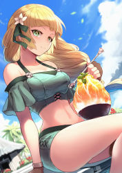 Rule 34 | 1girl, bare shoulders, beach, bikini, blonde hair, blue sky, blunt bangs, blush, breasts, cleavage, closed mouth, collarbone, commentary request, day, fire emblem, fire emblem: three houses, flower, food, green eyes, green one-piece swimsuit, green ribbon, hair flower, hair ornament, hair ribbon, highres, ingrid brandl galatea, large breasts, long hair, looking at viewer, midriff, nakabayashi zun, navel, nintendo, off-shoulder bikini, off shoulder, one-piece swimsuit, ribbon, shaved ice, sitting, sky, smile, spoon, swimsuit, thighs