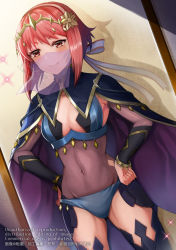 Rule 34 | 1girl, blue cape, blue panties, bodystocking, breasts, bridal gauntlets, cape, cleavage, cosplay, covered navel, dark mage (fire emblem fates), eyes visible through hair, fire emblem, fire emblem fates, groin, hairband, hands on own hips, medium breasts, mouth veil, nintendo, nyx (fire emblem), nyx (fire emblem) (cosplay), official alternate costume, panties, pink hair, red eyes, sakura (fire emblem), see-through, shadow, shimako (smk023), short hair, signature, skin tight, smile, solo, star (symbol), tiara, tight clothes, twitter username, underwear, veil