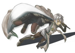 Rule 34 | 1boy, armor, armored boots, azumi on, boots, brown cape, brown pants, cape, chainmail, commentary request, dutch angle, emblem, foreshortening, full body, gauntlets, grey eyes, grey hair, grey shirt, holding, holding sword, holding weapon, knight (ragnarok online), looking afar, male focus, pants, parted lips, perspective, pointing, pointing at viewer, ragnarok online, shirt, short hair, simple background, sleeveless, sleeveless shirt, smile, solo, sword, tabard, weapon, white background