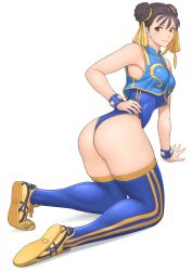 Rule 34 | 1girl, adapted costume, alternate costume, bare shoulders, blue leotard, blue thighhighs, bracelet, breasts, brown eyes, brown hair, capcom, chun-li, closed mouth, garter straps, hand on own hip, highres, jewelry, kneeling, leotard, lips, looking at viewer, looking back, medium breasts, shigenobu, shiny skin, shoes, simple background, sleeveless, smile, sneakers, solo, street fighter, striped, thighhighs, thong, vertical stripes