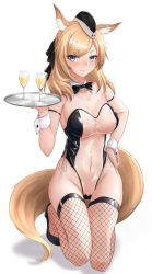 Rule 34 | 1girl, absurdres, animal ear fluff, animal ears, arknights, arm strap, bare shoulders, black bow, black bowtie, black footwear, black hat, black thighhighs, blonde hair, blue eyes, blush, bow, bowtie, breasts, cleavage, closed mouth, covered navel, cup, detached collar, drink, drinking glass, fishnet thighhighs, fishnets, full body, garrison cap, groin, hand on own hip, hat, high heels, highres, holding, holding tray, horse ears, horse girl, horse tail, kneeling, large breasts, leotard, long hair, looking at viewer, meme attire, nankaichimu, navel, nose blush, playboy bunny, see-through, simple background, solo, strapless, strapless leotard, tail, thigh gap, thighhighs, traditional bowtie, translucent bunnysuit, tray, whislash (arknights), white background, wrist cuffs