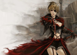 Rule 34 | 1girl, blonde hair, breasts, cape, cleavage, eyepatch, fantasy earth zero, gauntlets, gloves, katana, large breasts, opiu, red eyes, sheath, sheathed, short hair, solo, sword, weapon