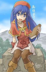 Rule 34 | 1girl, blue eyes, blue sky, book, boots, fire emblem, fire emblem: the binding blade, highres, holding, holding book, lilina (fire emblem), long hair, looking at viewer, nintendo, open mouth, oyster (artist), pantyhose, sitting, sky, solo