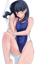 Rule 34 | 1girl, barefoot, bed sheet, black hair, blue eyes, blush, breasts, closed mouth, commentary request, competition swimsuit, covered navel, gridman universe, highres, knee up, long bangs, long hair, looking at viewer, medium breasts, official alternate costume, one-piece swimsuit, shiny skin, smile, solo, ssss.gridman, swimsuit, takarada rikka, thighs, yoo tenchi