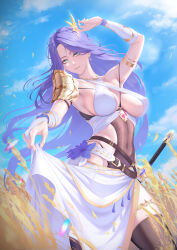 1girl absurdres aqua_eyes arm_up armor armpits belt black_leotard black_thighhighs blue_sky blurry blurry_foreground breasts bridal_gauntlets check_commentary circlet cloud cloudy_sky commentary_request covered_navel criss-cross_halter day depth_of_field earrings flower gem gold_necklace hair_over_one_eye halterneck head_chain highres hoop_earrings jewelry large_breasts leotard light_smile long_hair looking_at_viewer messy_hair necklace nmi original outdoors parted_bangs parted_lips pauldrons purple_flower purple_hair red_gemstone shoulder_armor sideboob single_pauldron skindentation skirt_hold sky solo thick_thighs thighhighs thighs underboob wheat wheat_field wind