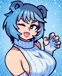 Rule 34 | 1girl, akairiot, black background, blue eyes, blue hair, blue nails, breasts, fangs, fingerless gloves, frostbite-chan (akairiot), frostbite (tournament), gloves, hand up, large breasts, nail polish, one eye closed, open mouth, shadow, short hair, sideboob, smile, solo, upper body