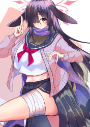 Rule 34 | 1girl, absurdres, alternate breast size, animal ears, black hair, blonde hair, blue archive, blue sailor collar, blush, breasts, cardigan, closed mouth, colored inner hair, crop top, hair over one eye, halo, highres, large breasts, long hair, looking at viewer, lop rabbit ears, multicolored hair, neckerchief, open cardigan, open clothes, purple cardigan, purple eyes, purple scarf, rabbit ears, rabbit girl, rakutama, red neckerchief, sailor collar, scarf, school uniform, serafuku, tsukuyo (blue archive)