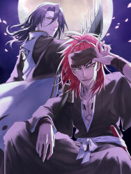 2boys abarai_renji black_eyes black_hair black_hakama black_kimono bleach chest_tattoo closed_mouth commentary_request falling_petals floating_hair forehead_tattoo full_moon hair_between_eyes hakama haori hhjr_3me highres japanese_clothes kimono kuchiki_byakuya long_hair long_sleeves looking_at_viewer male_focus moon moonlight multiple_boys neck_tattoo night nose open_mouth outdoors over_shoulder petals ponytail red_eyes red_hair senbonzakura_(shikai) sitting smile standing sword sword_over_shoulder taichou_haori tattoo teeth tsurime v-shaped_eyebrows weapon weapon_over_shoulder wide_sleeves zabimaru_(shikai)