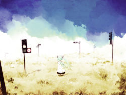 Rule 34 | 1girl, cloud, from behind, hatsune miku, irena, skirt, sky, solo, thighhighs, traffic light, twintails, vocaloid