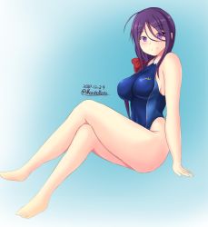 Rule 34 | 1girl, ariake (kancolle), bad feet, barefoot, black hair, blue background, blue one-piece swimsuit, commentary request, competition swimsuit, crossed legs, dated, artistic error, full body, gradient background, gradient hair, hair between eyes, highleg, highleg swimsuit, highres, invisible chair, kantai collection, long hair, looking at viewer, low ponytail, montemasa, multicolored hair, one-hour drawing challenge, one-piece swimsuit, purple eyes, purple hair, sitting, smile, solo, swimsuit, twitter username, white background