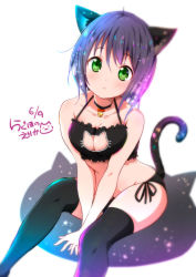 Rule 34 | 1girl, animal ears, artist name, bare arms, bare shoulders, bell, between legs, black bra, black panties, black thighhighs, blush, bra, breasts, cat cutout, cat ear panties, cat ears, cat lingerie, cat tail, choker, cleavage, cleavage cutout, clothing cutout, collar, collarbone, dated, eyebrows, frilled bra, frills, frown, green eyes, hand between legs, hands on floor, interlocked fingers, looking at viewer, meme attire, neck bell, original, own hands clasped, own hands together, panties, purple hair, ragho no erika, side-tie panties, signature, simple background, sitting, solo, sparkle, star (symbol), staring, tail, tareme, thighhighs, underwear, underwear only, v arms, white background