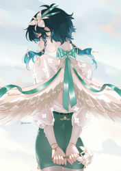 Rule 34 | 1boy, alternate costume, aocove, aqua bow, black hair, blue eyes, blue hair, bow, commentary request, crossdressing, feathered wings, floral print, flower, from behind, genshin impact, gradient hair, green skirt, hair flower, hair ornament, male focus, multicolored hair, short hair with long locks, skirt, solo, venti (genshin impact), white flower, white wings, wings