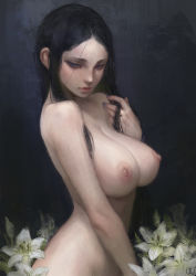 Rule 34 | 1girl, black hair, blue background, blue eyes, breasts, completely nude, cowboy shot, dark background, flower, highres, large breasts, lily (flower), long hair, nat the lich, nipples, nude, original, parted bangs, pink lips, sidelocks, solo