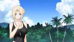 Rule 34 | 1girl, blonde hair, blue eyes, breasts, cleavage, dog tags, large breasts, muv-luv, muv-luv alternative, muv-luv total eclipse, palm tree, short hair, solo, stella bremer, tank top, tree