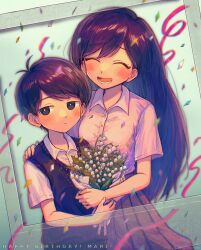 Rule 34 | 1boy, 1girl, black eyes, black hair, black sweater vest, blush, bouquet, brother and sister, character name, closed mouth, collared shirt, confetti, expressionless, flower, happy birthday, highres, holding, holding bouquet, hyaku (momongamomomo), long hair, looking at viewer, lower teeth only, mari (faraway) (omori), mari (omori), omori, open mouth, pleated skirt, red skirt, shirt, short hair, siblings, skirt, smile, sunny (omori), sweater vest, teeth, tongue, white shirt