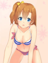 Rule 34 | 10s, 1girl, all fours, bad id, bad pixiv id, bikini, blue eyes, blurry, bow, breasts, cleavage, collarbone, depth of field, hair bow, highres, kosaka honoka, looking at viewer, love live!, love live! school idol festival, love live! school idol project, medium breasts, navel, one side up, open mouth, orange hair, reina (leinqchqn), side ponytail, solo, striped bikini, striped clothes, swimsuit