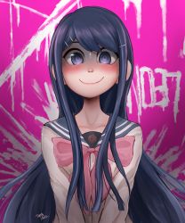 Rule 34 | 1girl, absurdres, artist name, blood, blood on wall, blood writing, blue sailor collar, blush, bow, bowtie, danganronpa: trigger happy havoc, danganronpa (series), grey shirt, hair ornament, hairclip, highres, long hair, looking at viewer, maizono sayaka, pink background, pink bow, pink bowtie, purple eyes, sailor collar, shaded face, shirt, smile, solo, spoilers, sweatdrop, topsieturvy, upper body
