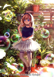 Rule 34 | bad id, bad pixiv id, blue eyes, brown hair, bubble, choker, cross-laced footwear, freckles, hairband, long hair, original, pantyhose, plant, potted plant, skirt, solo, sougishi ego, striped clothes, striped pantyhose, thigh strap, vertical-striped clothes, vertical-striped pantyhose