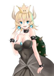 Rule 34 | 1girl, akahara tyun, armlet, black collar, black dress, blonde hair, blue eyes, bowsette, bracelet, breasts, cleavage, collar, collarbone, covered navel, dress, earrings, horns, jewelry, large breasts, looking at viewer, mario (series), medium hair, new super mario bros. u deluxe, nintendo, open mouth, sharp teeth, simple background, smile, solo, spiked armlet, spiked bracelet, spiked collar, spiked shell, spikes, strapless, strapless dress, super crown, teeth, turtle shell, upper body, white background