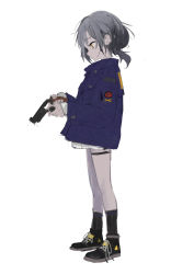 Rule 34 | 1girl, absurdres, blue jacket, from side, grey hair, gun, handgun, highres, holding, holding gun, holding weapon, jacket, solo, weapon, white background, yellow eyes, zhayoulu