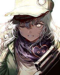 Rule 34 | 1girl, assault rifle, brown eyes, bruise, clenched teeth, damaged, dirty, g11 (girls&#039; frontline), girls&#039; frontline, gun, h&amp;k g11, hair between eyes, hat, heckler &amp; koch, holding, holding gun, holding weapon, injury, long hair, looking at viewer, one eye closed, open clothes, personification, prototype design, rifle, scarf on head, shirt, silence girl, silver hair, solo, teeth, torn clothes, upper body, very long hair, weapon