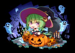Rule 34 | 1girl, absurdres, candle, chibi, ghost, green hair, hat, hatachi, highres, horns, jack-o&#039;-lantern, leotard, long hair, looking at viewer, original, purple eyes, solo, strapless, strapless leotard, striped clothes, striped thighhighs, thighhighs, tombstone, witch hat, wrist cuffs