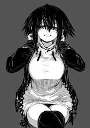 Rule 34 | 1girl, :d, blush, breasts, commentary request, crossed legs, dress, grey background, greyscale, hair between eyes, half-closed eyes, highres, hood, hood down, hoodie, invisible chair, jacket, large breasts, long sleeves, looking at viewer, monochrome, musuko ga kawaikute shikatanai mazoku no hahaoya, nishimura chiharu, open mouth, short hair, sidelocks, simple background, sitting, smile, solo, sweater, sweater dress, thighhighs, zyugoya