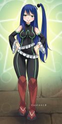 Rule 34 | 1girl, blue hair, blush, bodysuit, boots, breasts, detached ponytail, detached sleeves, eden&#039;s zero, gaston18, gloves, green eyes, hands on own hips, highres, knee boots, labilia christy, navel, side ponytail, skin tight, sleeveless, small breasts, striped, thigh gap