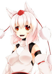 Rule 34 | 1girl, animal ears, breasts, detached sleeves, fang, hat, highres, inubashiri momiji, inyuppo, looking at viewer, open mouth, orange eyes, pom pom (clothes), ribbon-trimmed sleeves, ribbon trim, short hair, silver hair, simple background, small breasts, solo, tail, tokin hat, touhou, white background, wolf ears, wolf tail